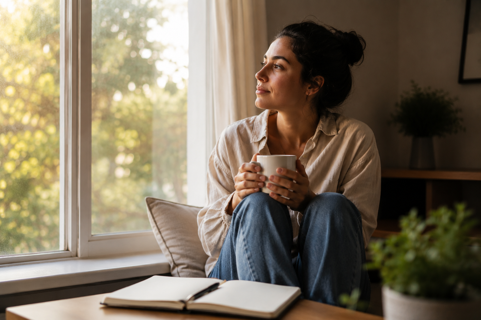 Person practicing self-compassion and reflecting calmly