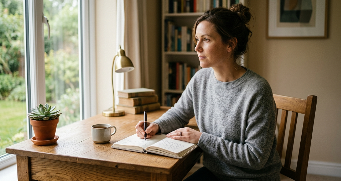 Person journaling and reframing negative thoughts