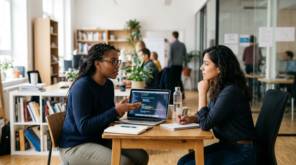 Authentic editorial workplace photograph about asking for help at work: two diverse colleagues having a respectful