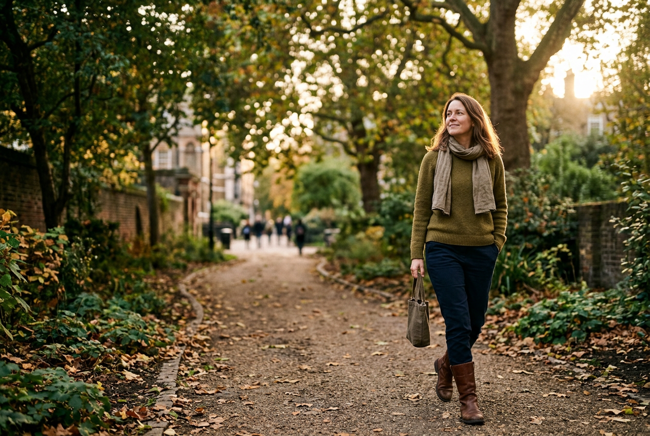 A modern editorial lifestyle photograph about moving forward with self-compassion: an adult taking a quiet walk on a leafy
