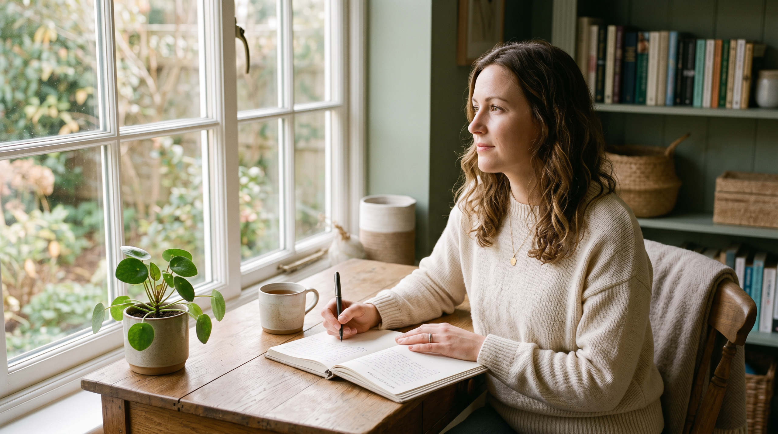 A polished editorial lifestyle photograph for an article about emotional intelligence and personal growth. A thoughtful