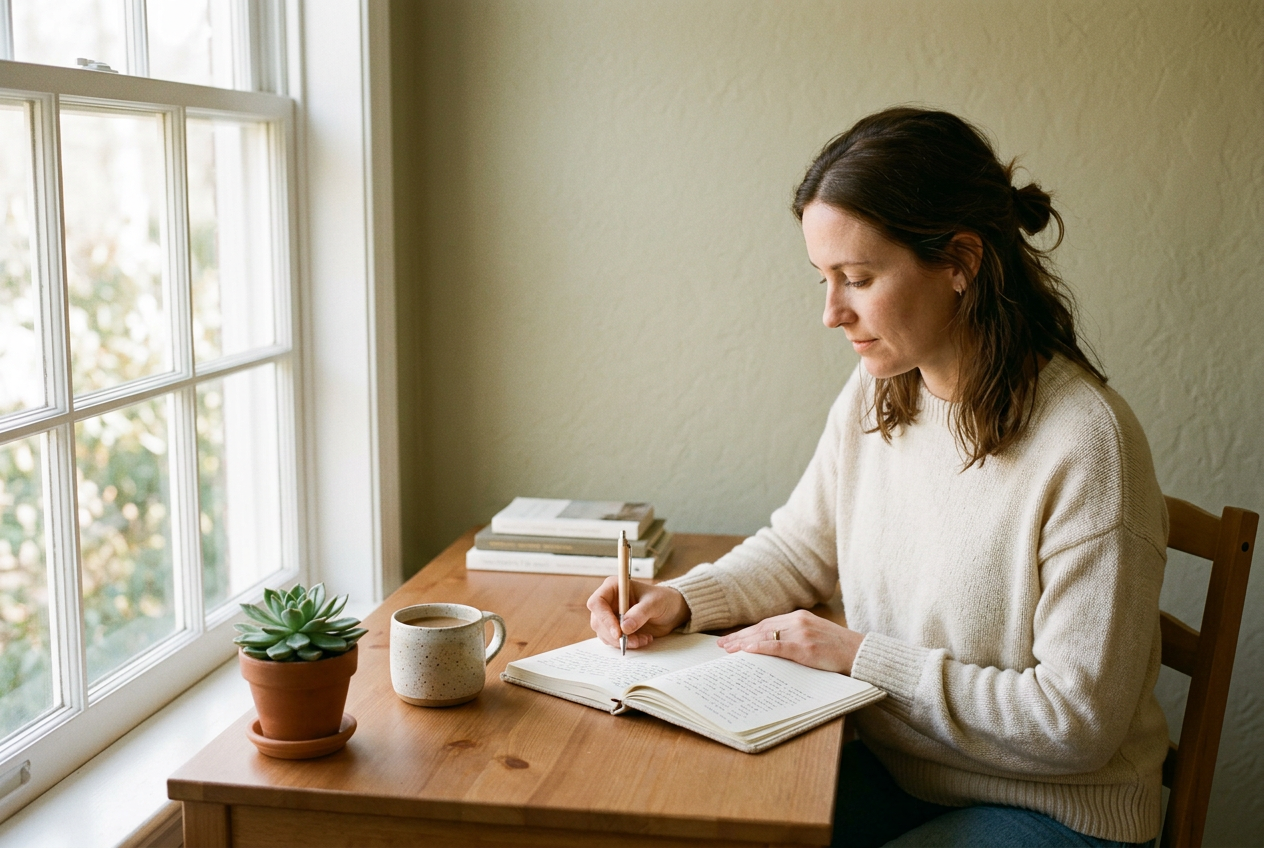 Editorial lifestyle photograph for a practical self-compassion article: an adult person sitting at a tidy desk beside a