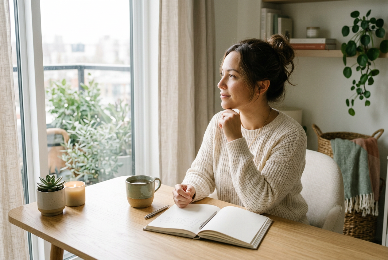 A modern editorial lifestyle photograph about self-kindness and personal growth: an adult sitting at a bright home desk