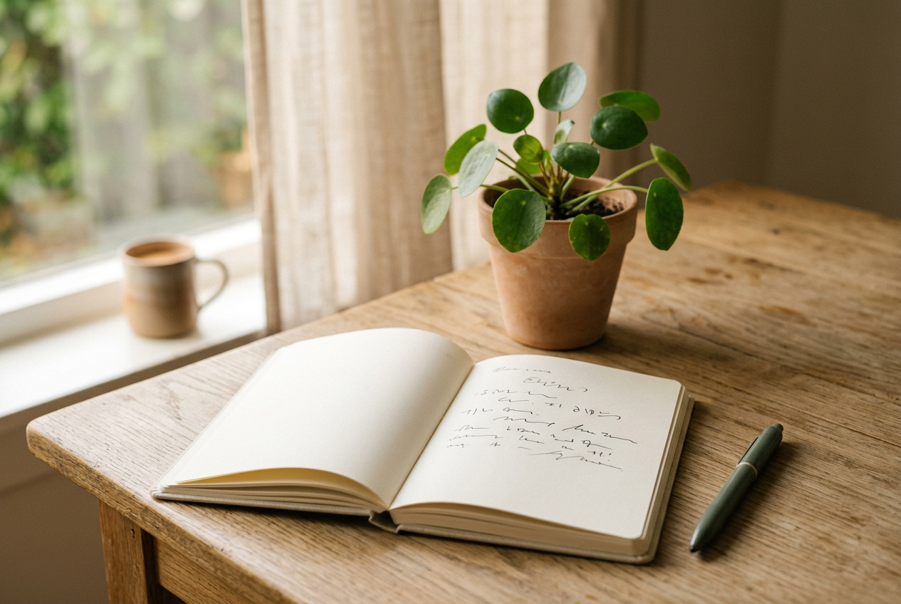 Open notebook and pen prepared for a five-minute self-reflection exercise