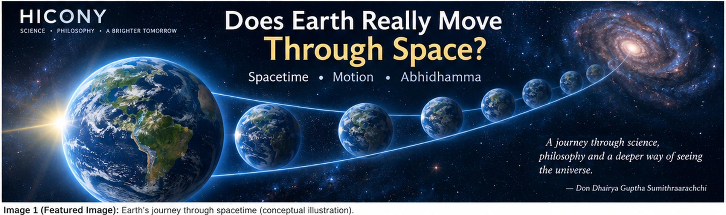 Earth represented at successive positions along a conceptual spacetime world-line.