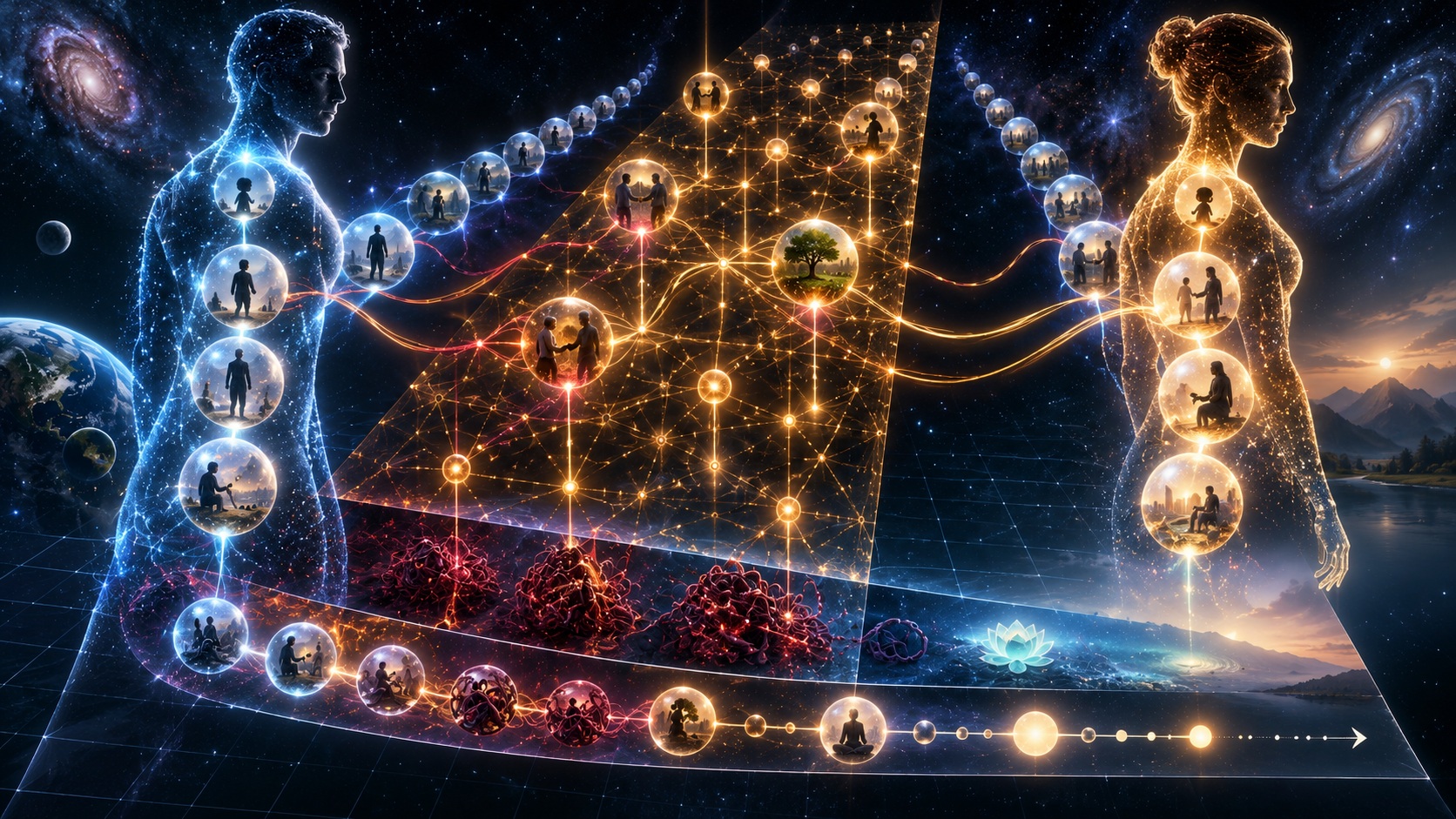 3D cinematic visualization of spacetime prints, interacting beings and karma as a connecting dimension