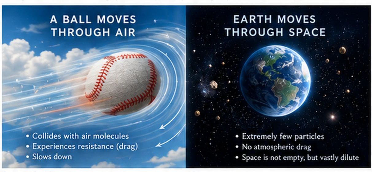 A ball moving through air compared with Earth moving through the near-vacuum of space.