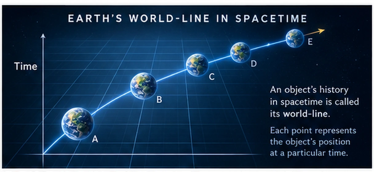 Conceptual diagram of Earth's world-line through four-dimensional spacetime.