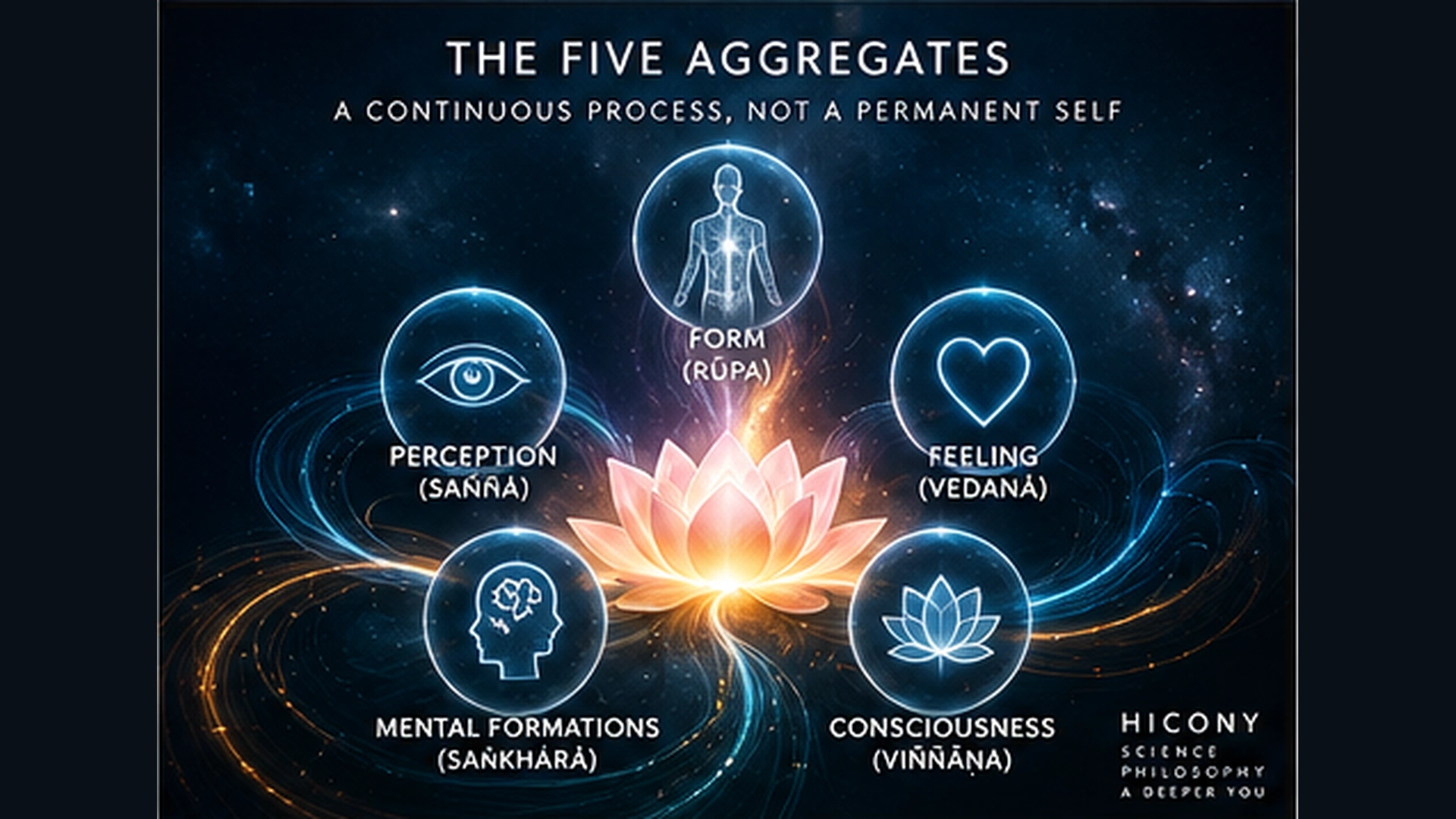 Five aggregates in Buddhism showing form feeling perception mental formations and consciousness