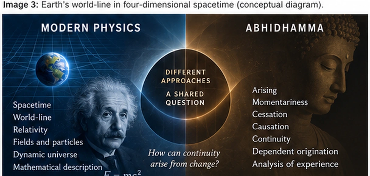 Conceptual comparison of modern physics and Abhidhamma approaches to change and continuity.