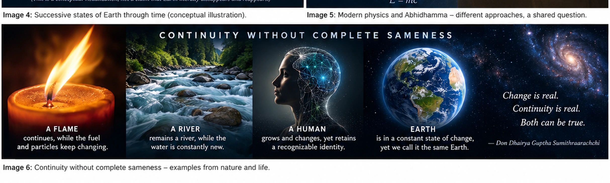 Flame, river, human and Earth illustrating continuity through change.