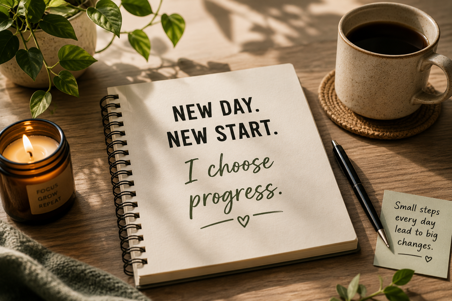 Inspirational reminder to keep going and stay consistent, featuring a warm cozy desk scene with a journal, coffee, and soft natural light.”