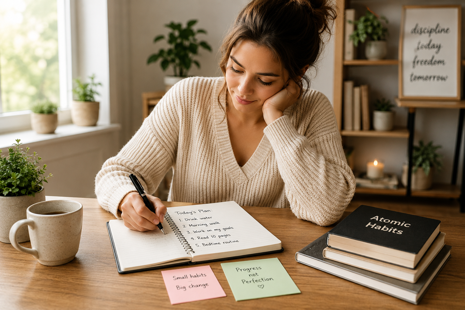 Person building better habits by planning daily routines and writing in a journal