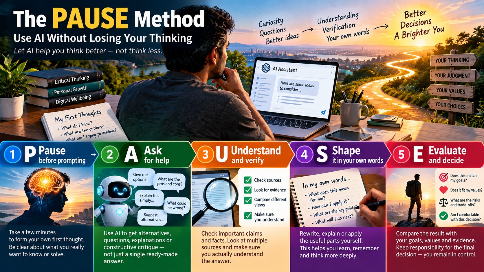 The five-step PAUSE method for using AI without losing your thinking