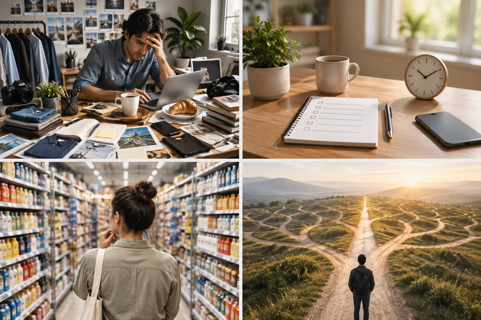 Visual contrast between choice overload, a calm organized desk, crowded shopping choices and a clear path forward