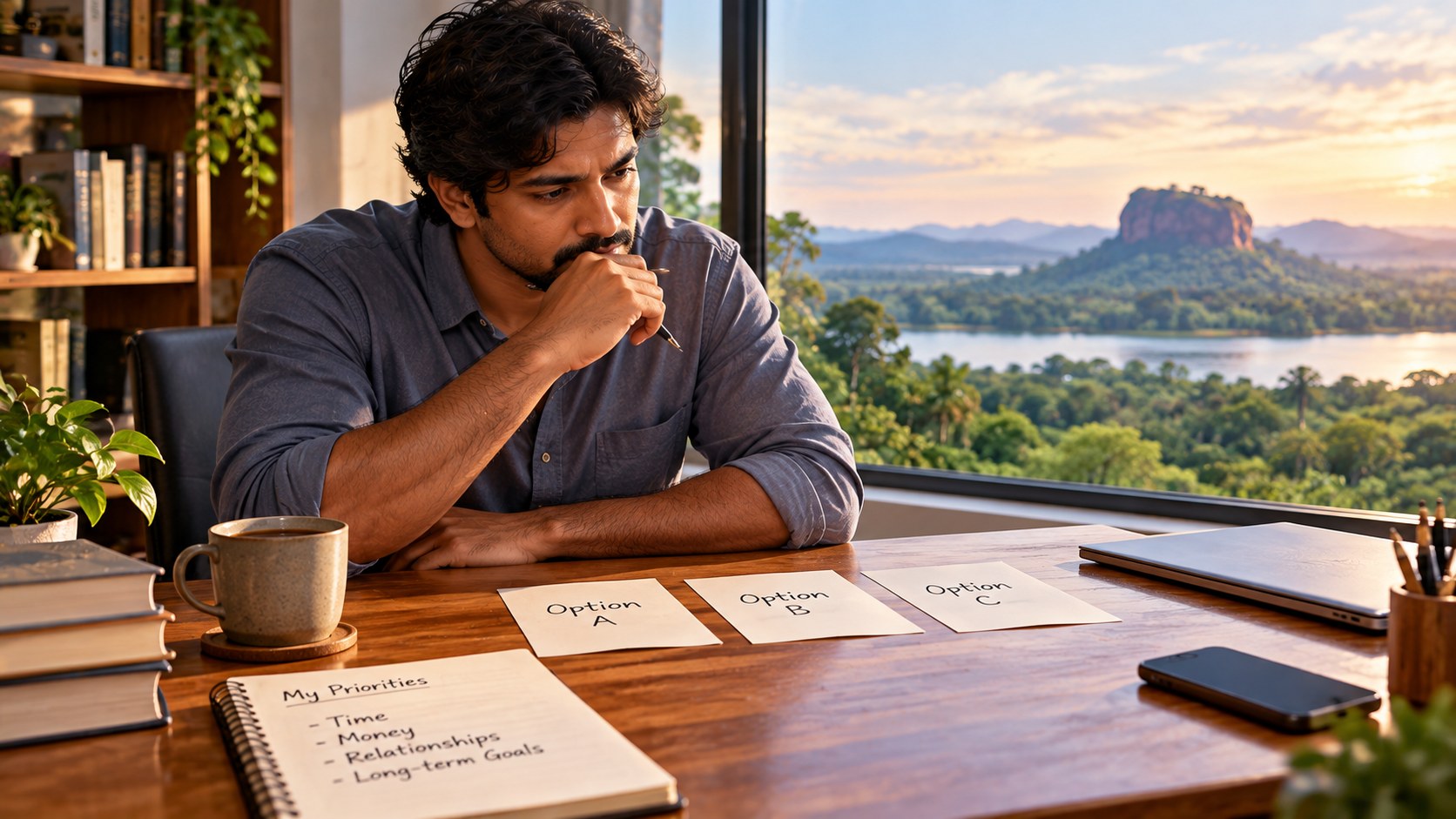 Person comparing decision options against personal priorities