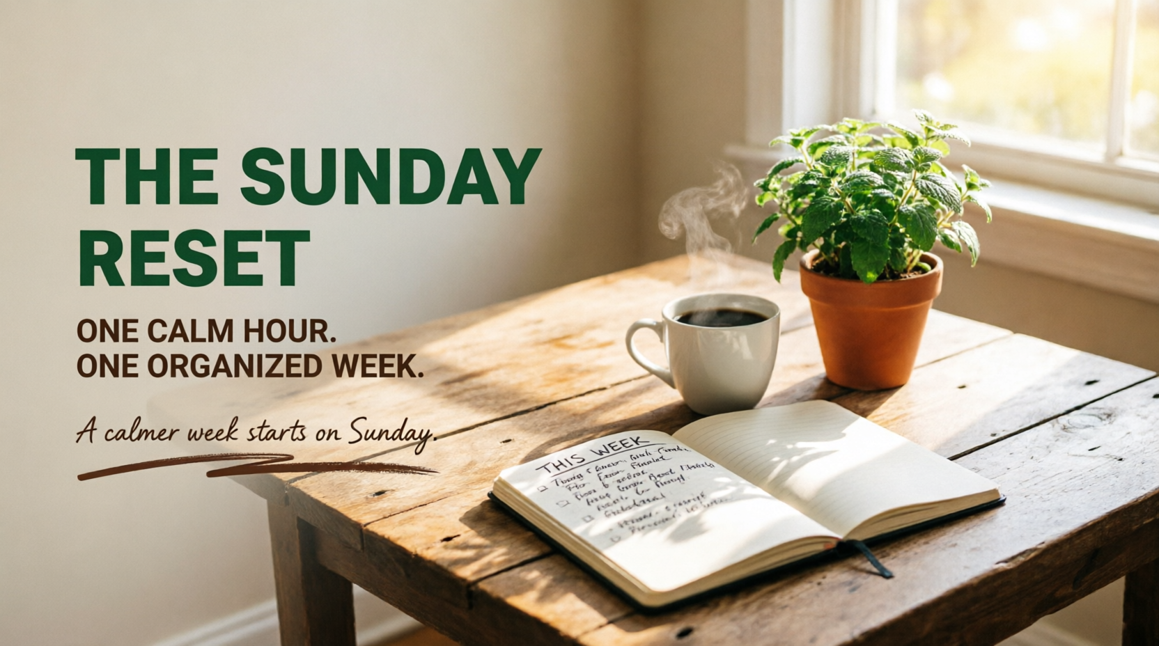 Sunday reset routine banner with planner and coffee