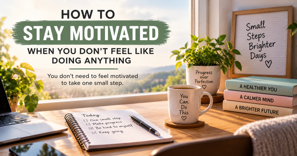 How to stay motivated when you don't feel like doing anything, with a calm workspace and motivational message about taking small steps.