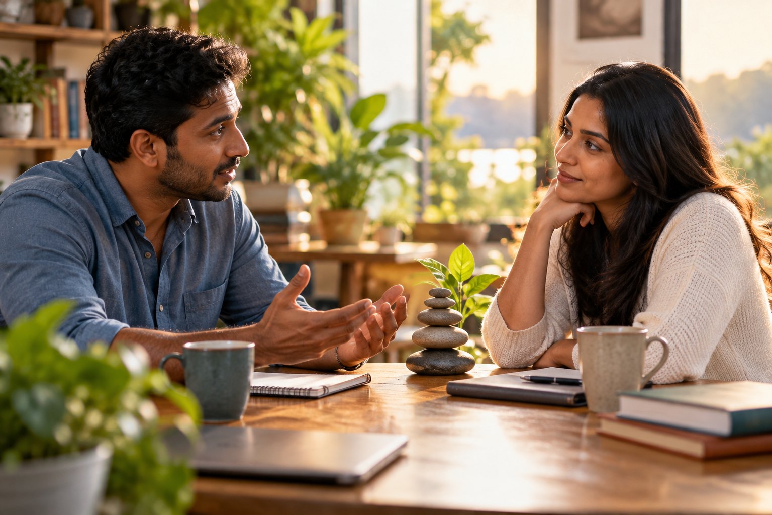 Two people having a supportive conversation about asking for help