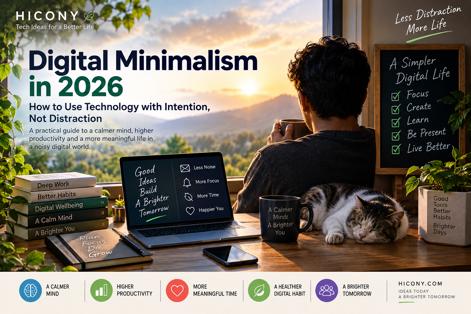 Digital minimalism in 2026 with a calm workspace, focused work and intentional technology use