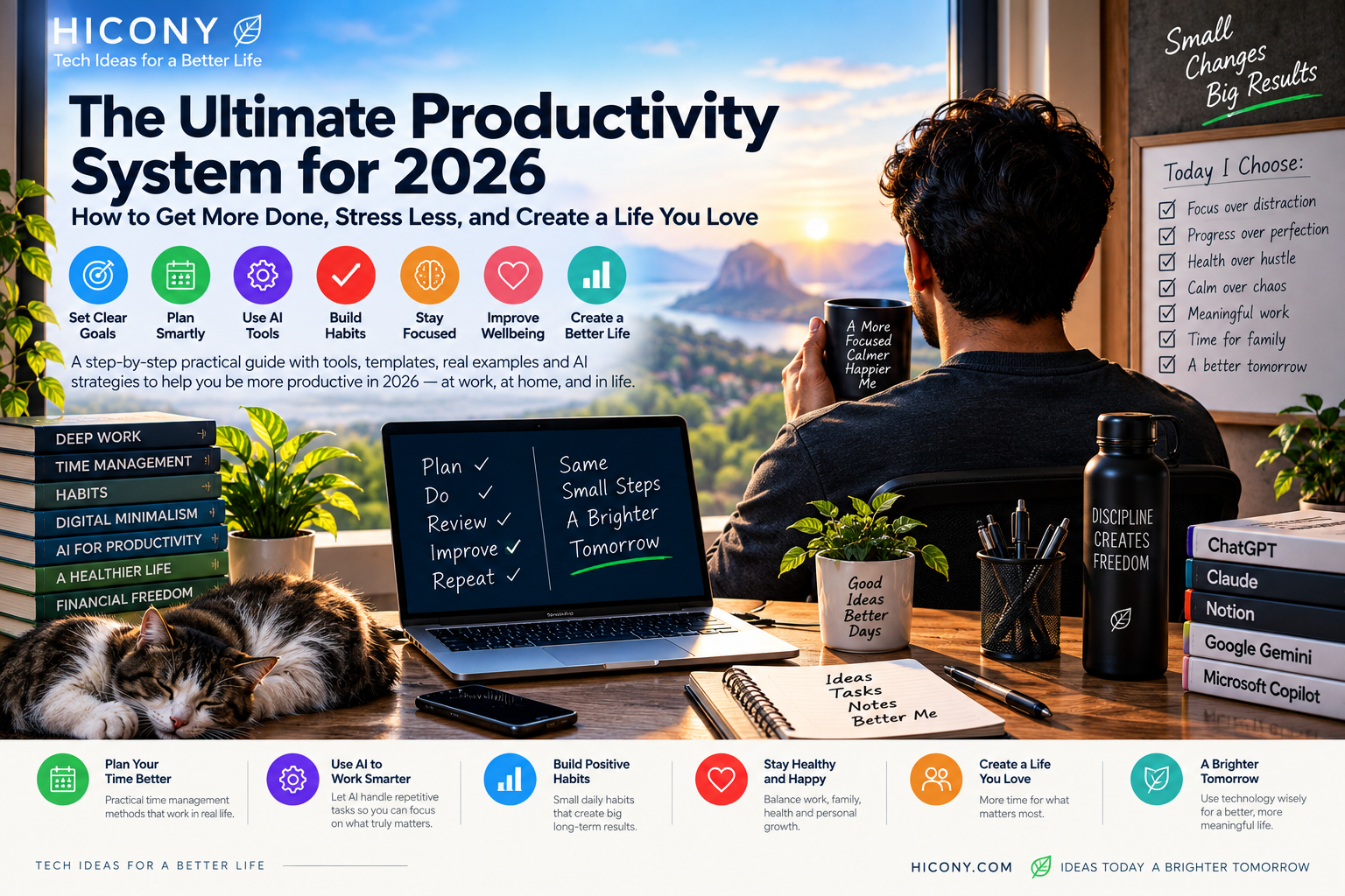 2026 productivity system combining clear goals, planning, AI, habits, focus and wellbeing