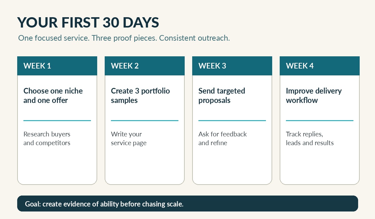 30-day freelancing with AI plan for choosing a service, building a portfolio and finding clients
