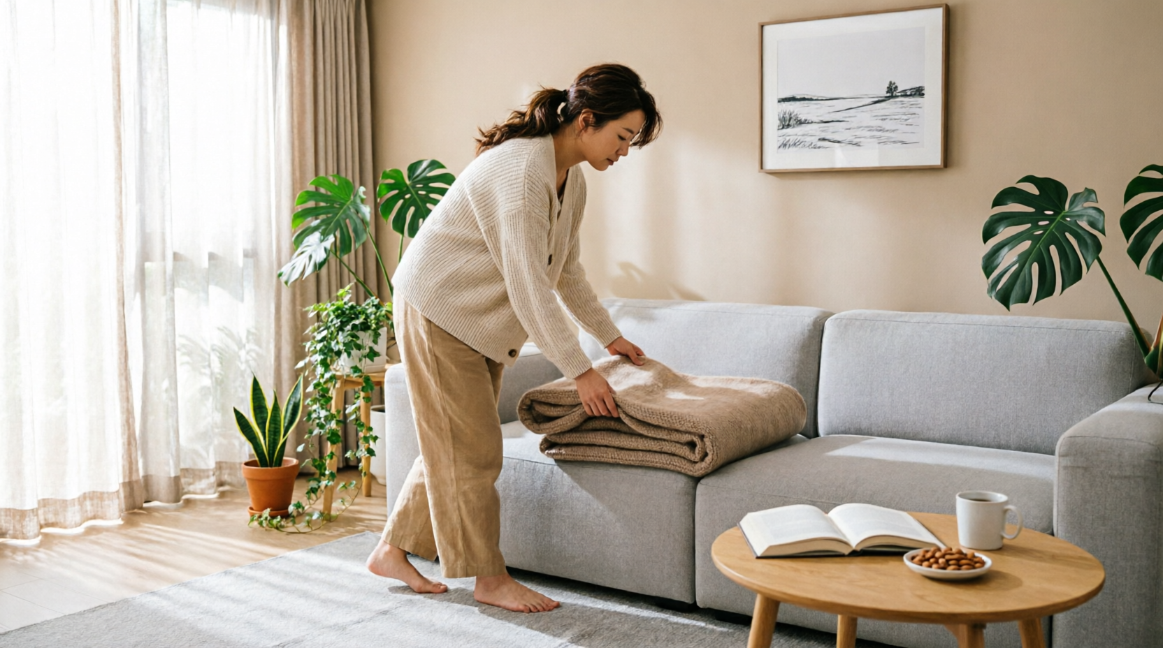 A person calmly tidying a bright, cozy living room during a Sunday reset routine