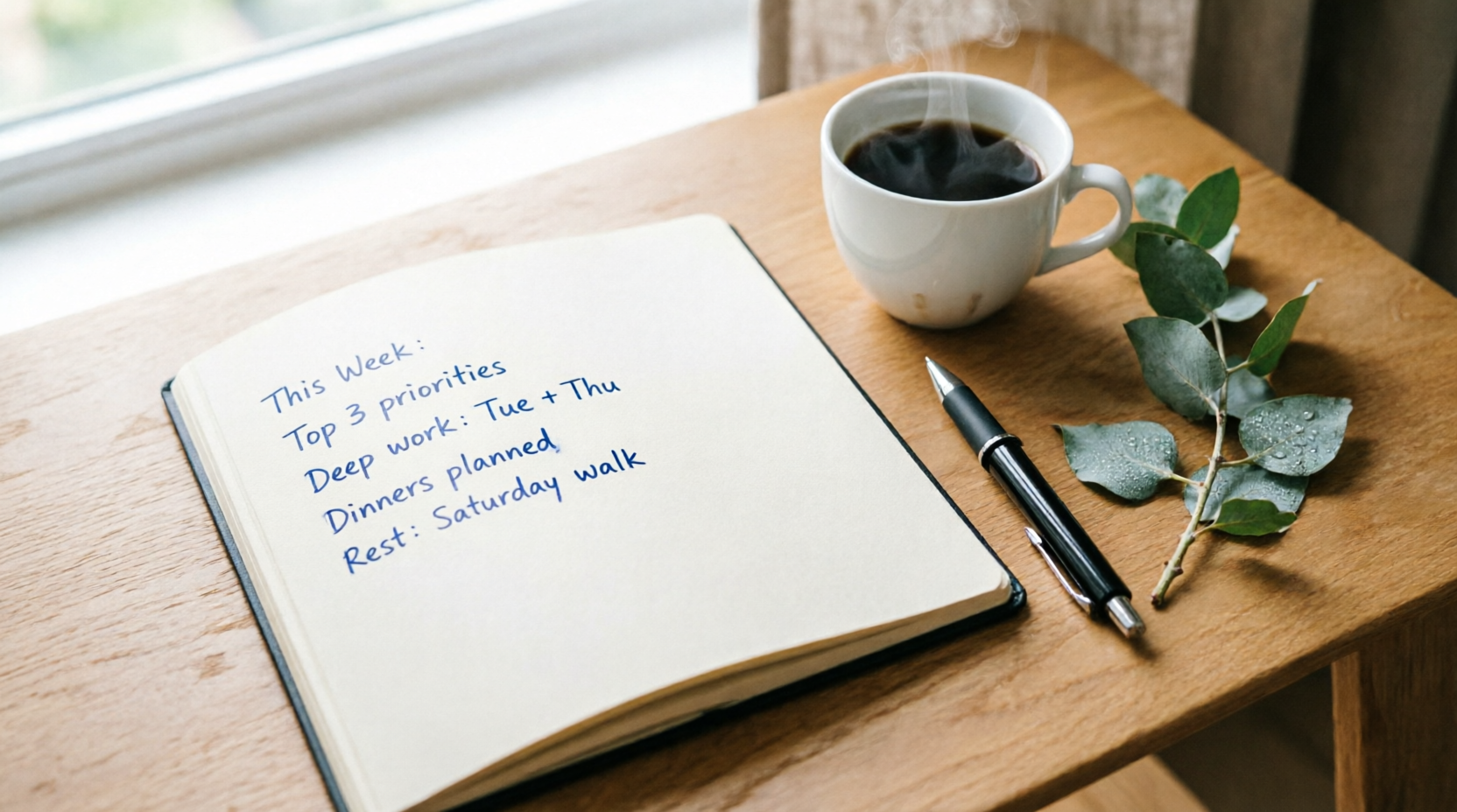 An open weekly planner notebook with handwritten priorities next to coffee during a Sunday reset